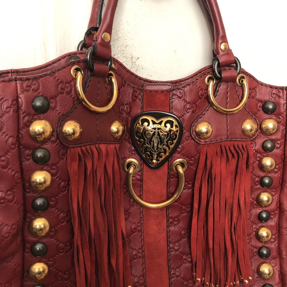 Gucci Babouska Large Fringe Studded Heart Tote Bag - Picture 3 of 12